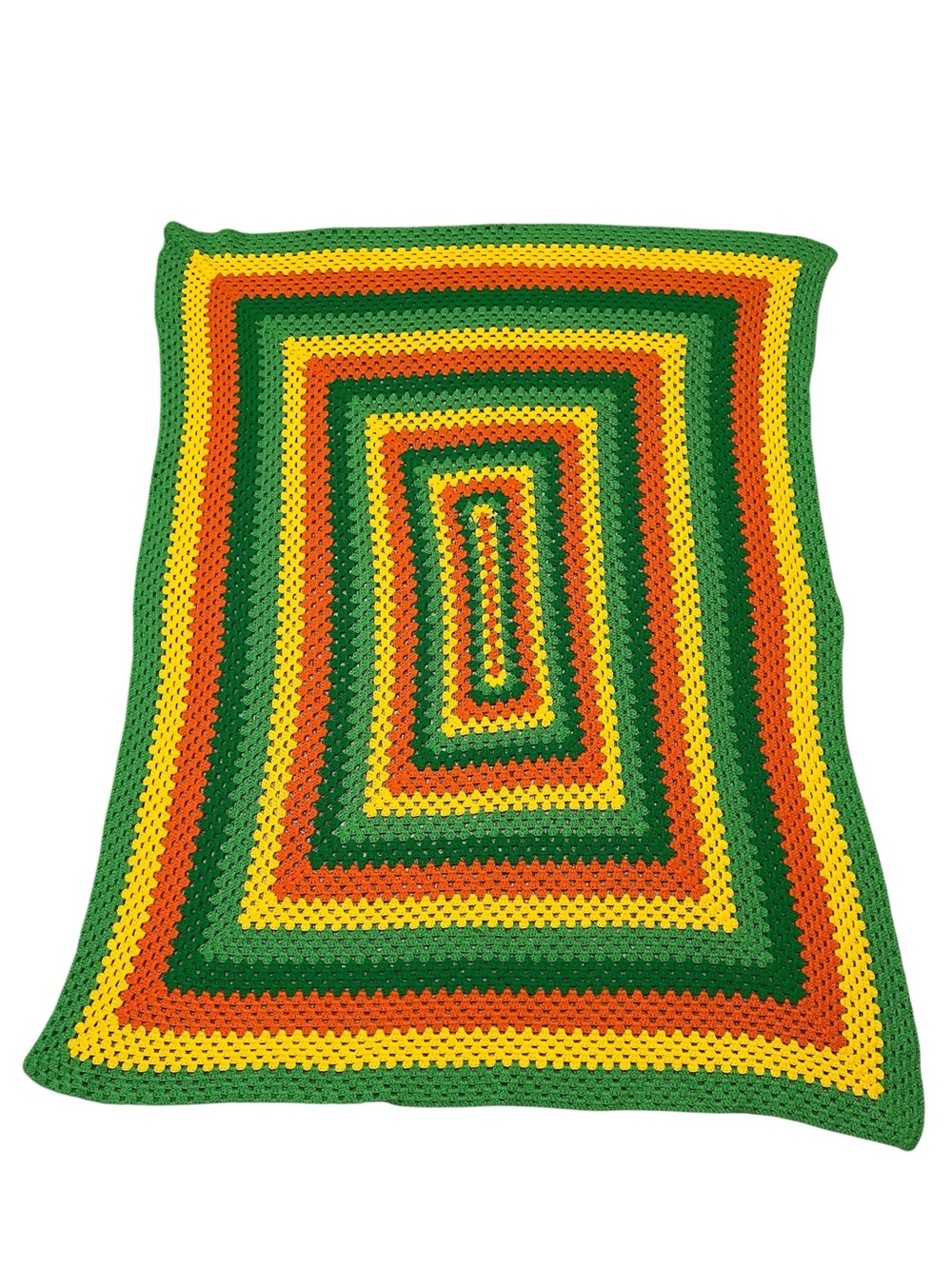 Vintage Handmade Crochet Afghan blanket green orange yellow approx size 55”x68”
